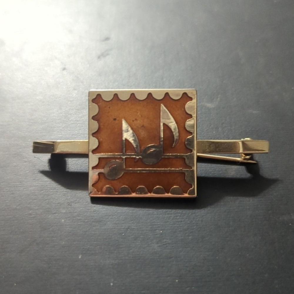 Vintage Gold Tone Orange Enamel Square Music Notes Statement Brooch Pin